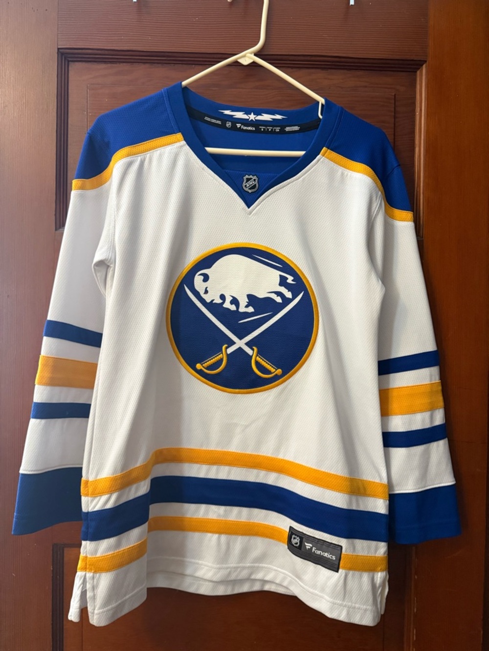 Fanatics White Buffalo Sabres Hockey Jersey with Blue & Gold Accents